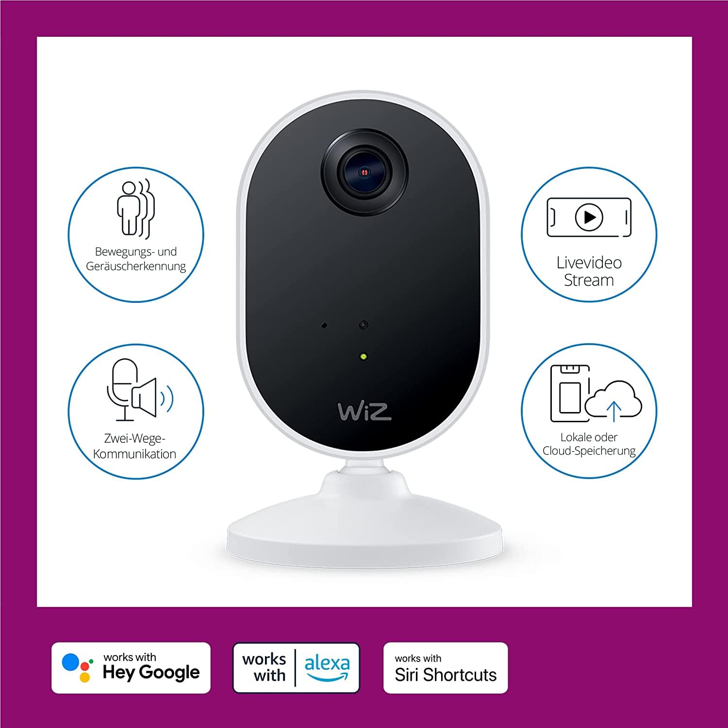 WiZ Indoor Kamera, Sicherheitskamera mit Nachtsicht, Audio, Bewegungs- und Geräuscherkennung, smarte Steuerung über WLAN per Stimme/App, weiß