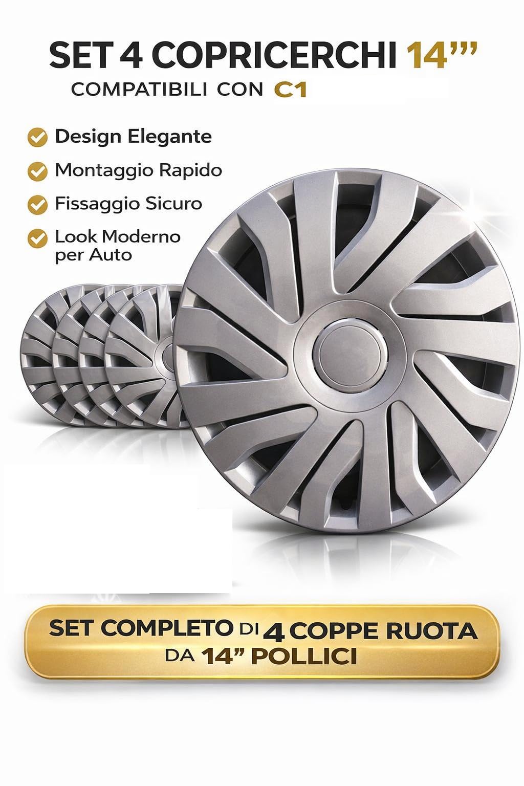 Set 4 Copricerchi 14 Pollici Compatibili con Citroen C1 - Coppe Ruota Design Elegante, Montaggio Rapido, Fissaggio Sicuro, Look Moderno per Auto