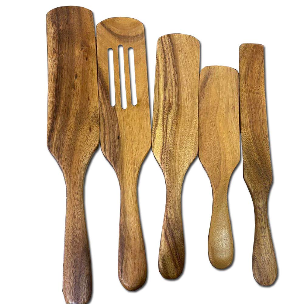 Jinxiao Wood Spurtles Kitchen Tools Set,5 Pcs Natural Acacia Kitchen Utensil Set Heat Resistant Non Stick Wood Cookware wi...