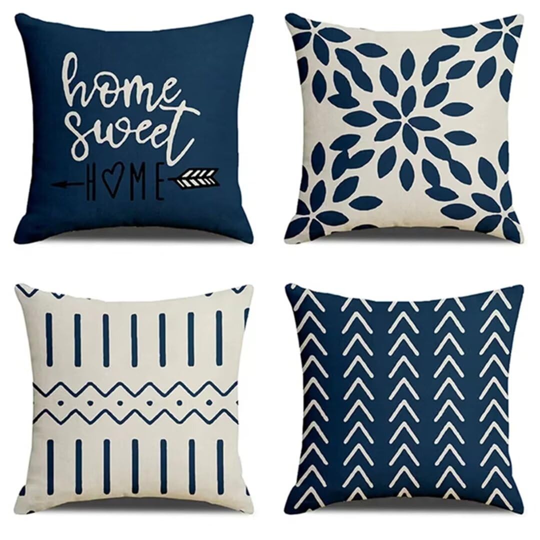 Housse de coussin 55x55 cm en coton lin à motif feuilles bleues lot de 4