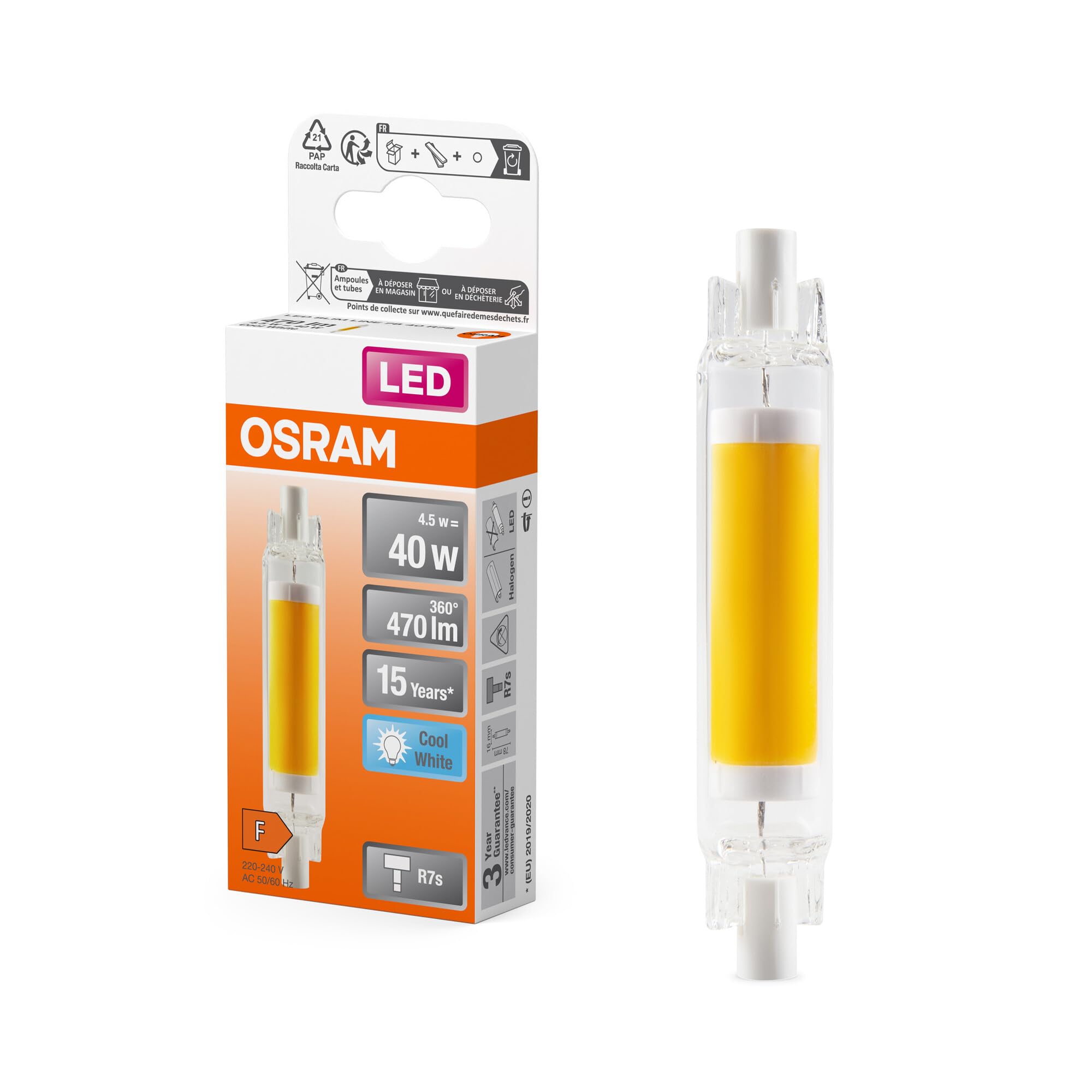 OSRAM Lampada LED multicolore sottile LED Slim Line con attacco retrofit R7s, 4,5 W / 470 lm, luce bianca fredda e trasparente con 4000 K, non dimmerabile, IP20, vetro senza piombo, diametro 16 mm.
