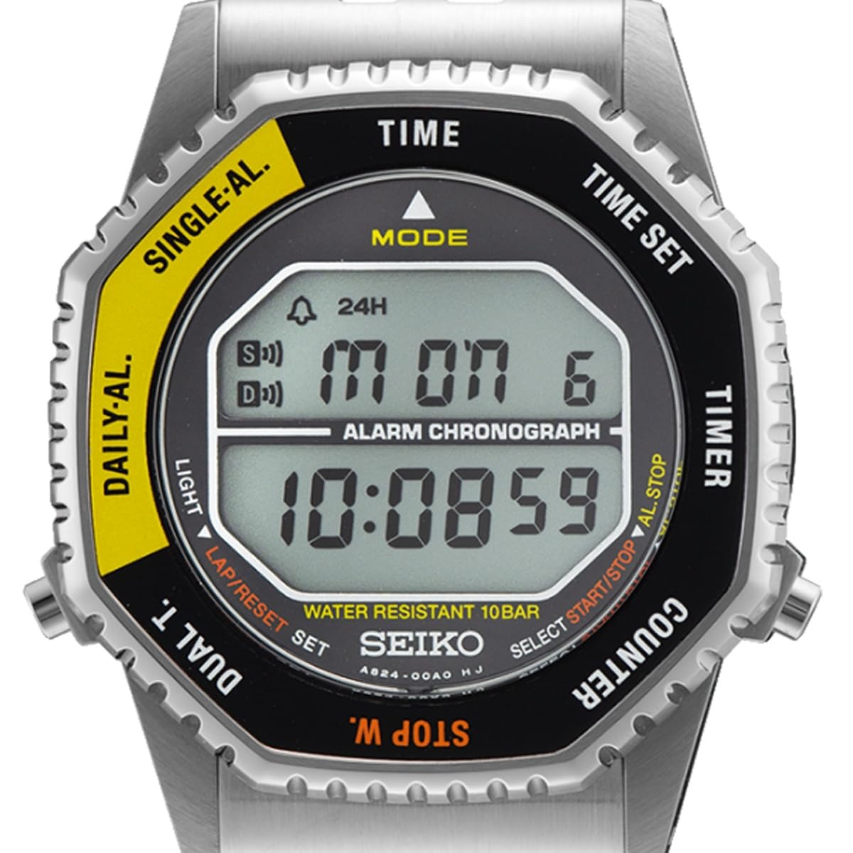 Seiko Klassik Digital Chronograph Herrenuhr, Edelstahl, 37 mm, Edelstahlarmband, Silber, 10 bar, LCD-Display, Zwei Zeitzonen, Countdown, Alarm, Kalender, Messung von Zwischenzeiten, SMGG17P1