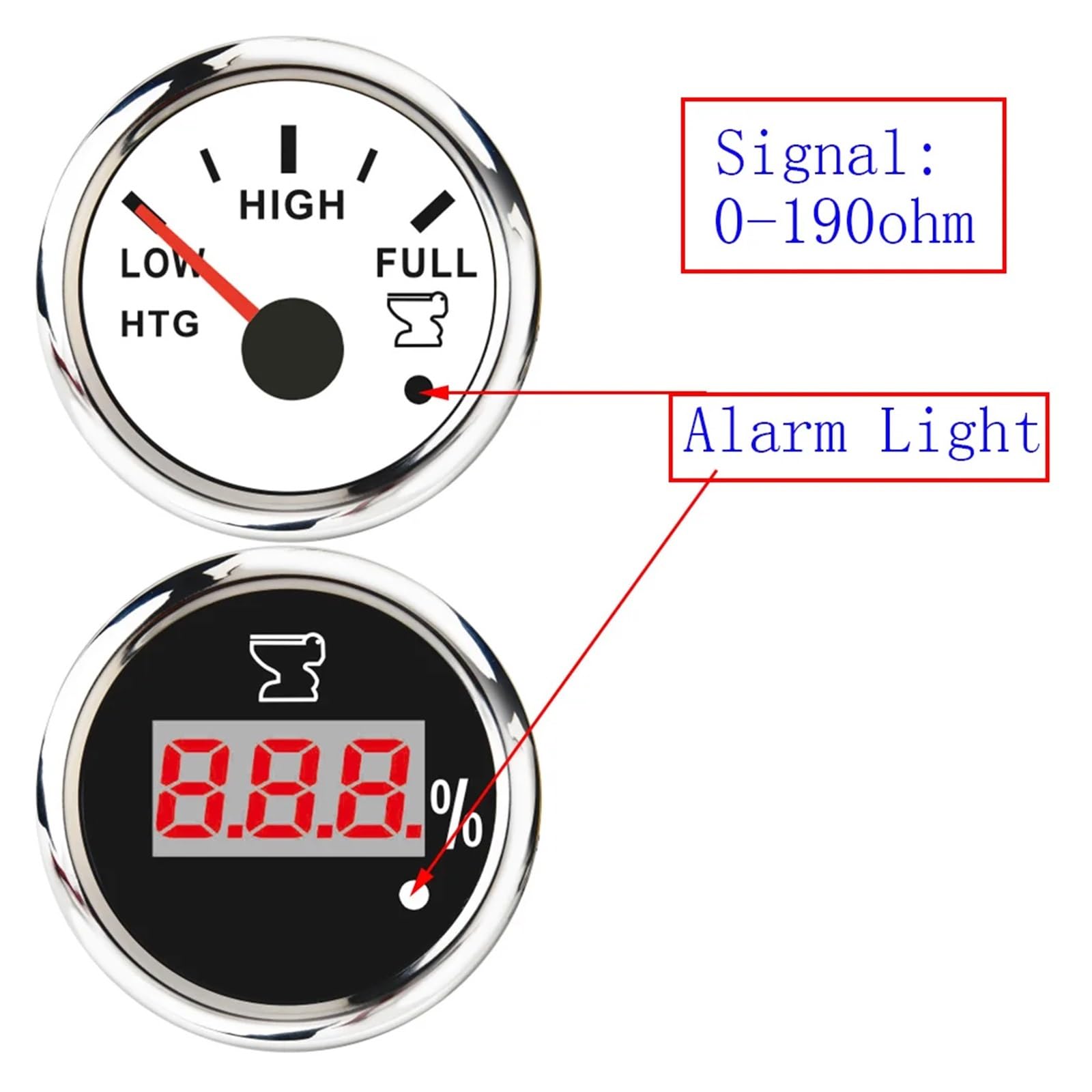 Indicatore di livello impermeabile da 52 mm, 0-190 ohm, for acque reflue/acqua/carburante, indicatore temperatura dell'olio, pressione con allarme for barca, auto, voltmetro(Fuel gauge WS)