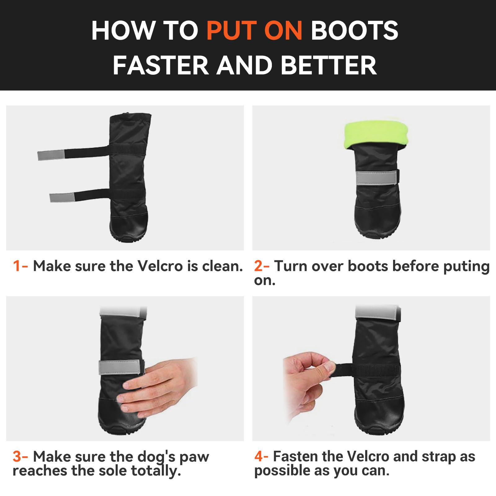 Lot de 4 bottes imperméables pour pattes de chien avec bande réfléchissante - Chaussures antidérapantes pour la neige, la glace, les trottoirs pluvieux et chauds - Noir - Taille 1