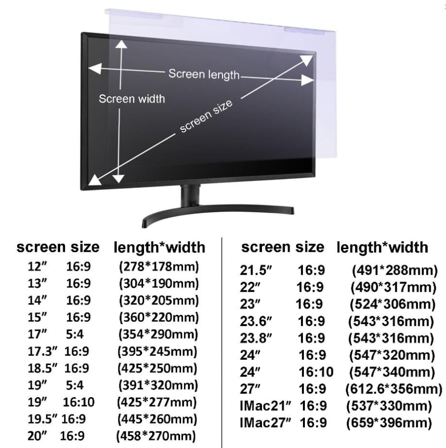 Filtre Anti-Lumière Bleu Premium pour 12"-27"Bureau/Moniteur,filtrant Anti-éblouissant Protection des Yeux,Blocage de la lumière Bleue Protecteur d'écran,Protecteur d'écran Bloquant la Lumière Bleue