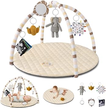 Blissful Diary Baby Play Gym Mat, Tummy Time Activity Mat with 6 Detachable Toys for Stage-Based Sensory & Motor Skill Development, Easy to Install & Clean, Beige | Washable and Non-Slip Baby Playmatt, with 6 Detachable Toys for Sensory & Motor Skill Development, Ideal Gift for Newborn