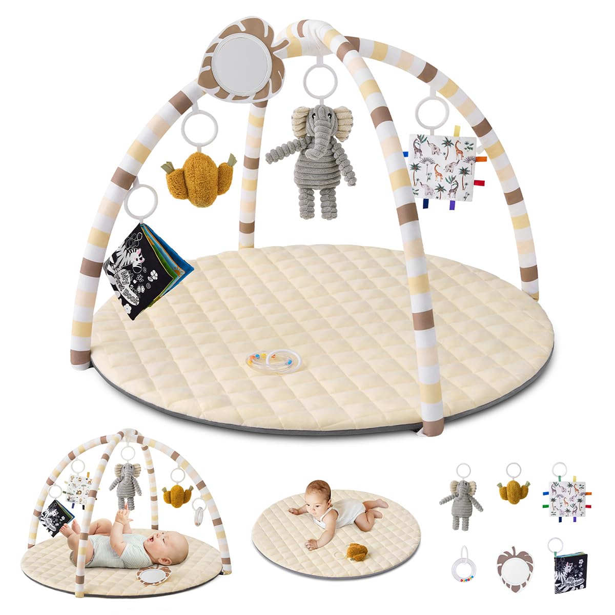 Blissful Diary Baby Play Gym Mat, Tummy Time Activity Mat with 6 Detachable Toys for Stage-Based Sensory & Motor Skill Development, Easy to Install & Clean, Beige