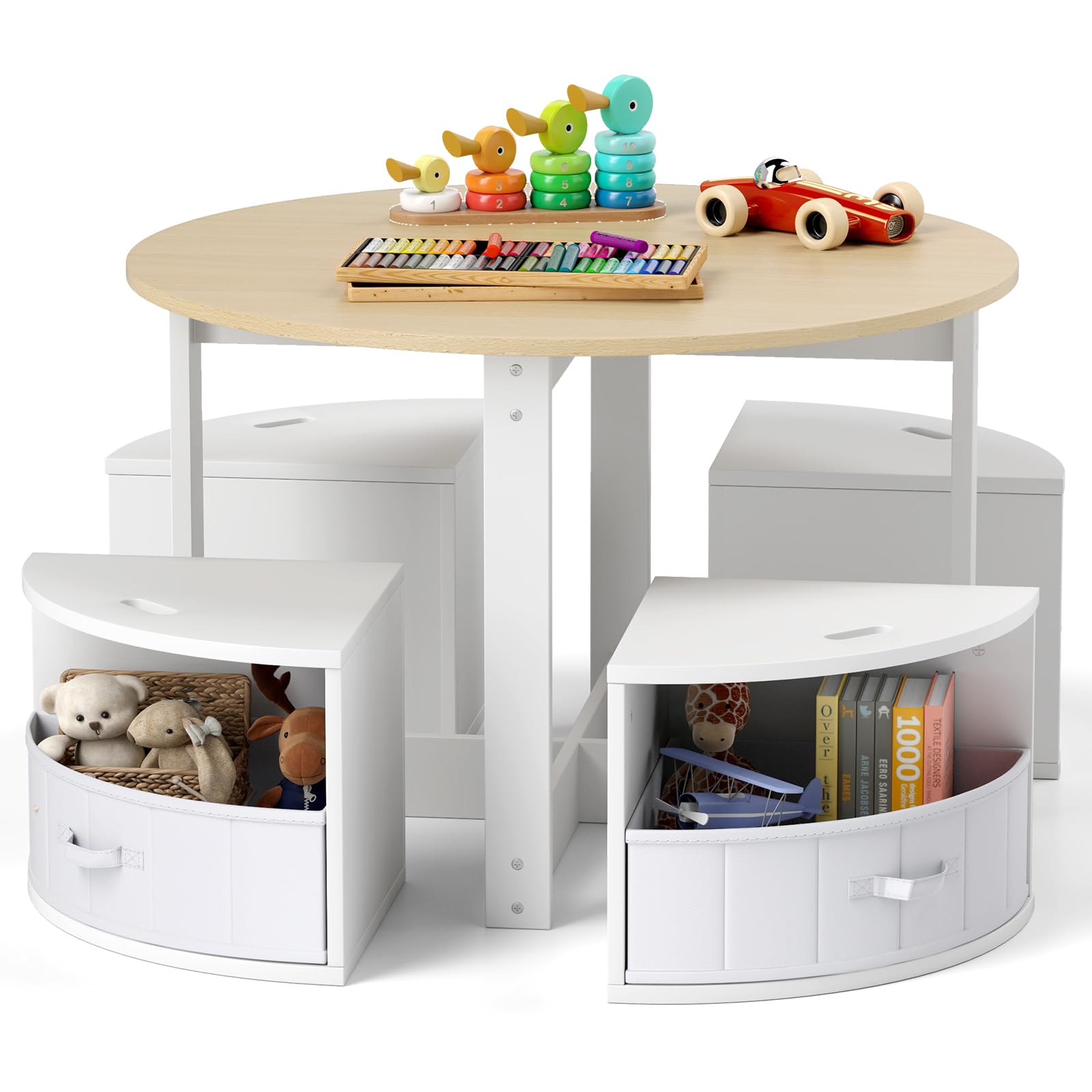 COSTWAY Table Enfant Ronde avec 4 Chaises Empilables, Table d’Activité en Bois avec 4 Tiroirs en Tissu Pliable, Bureau Montessori pour Salle de Jeux Chambre d'enfant, Charge 50/90 pour 3 Ans+