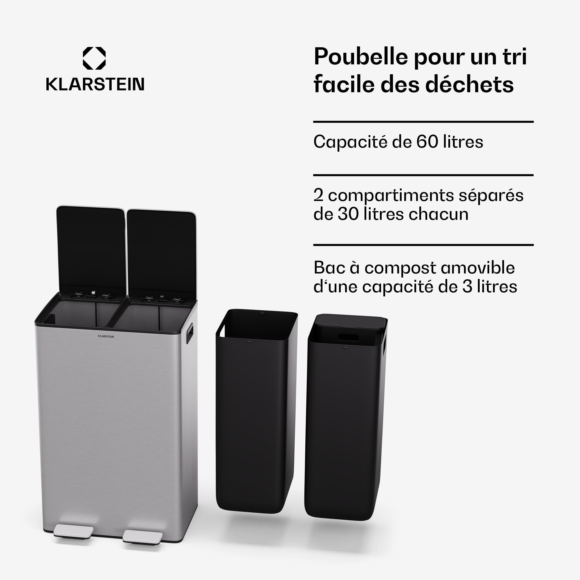 KLARSTEIN EcoVista Poubelle - Tri sélectif 60 L avec bac à compost amovible, fermeture douce, acier inoxydable, poubelle de cuisine