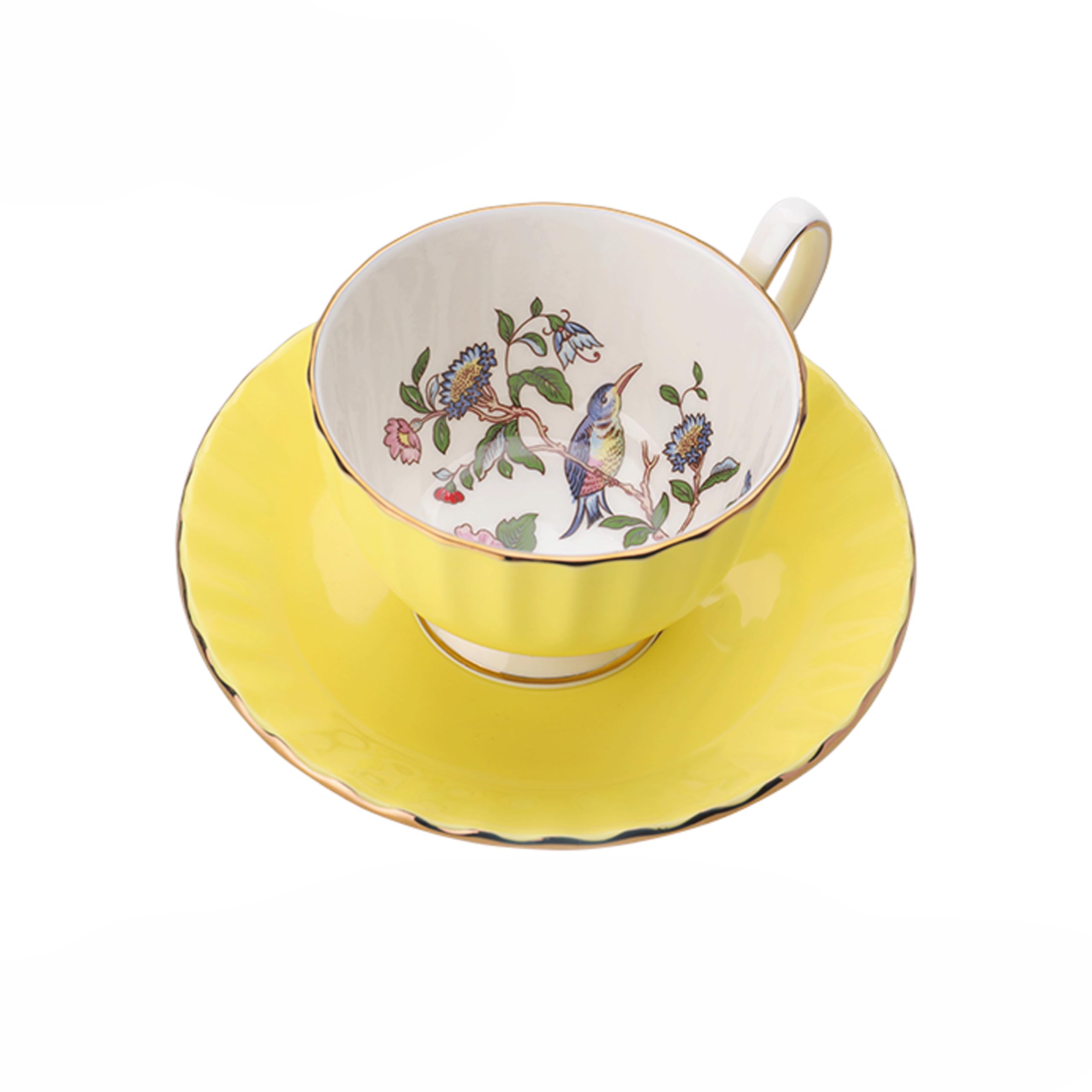 Aynsley Pembroke Glaze Oban 2-Piece Fine Bone China Teacup & Saucer - 6oz (180ml), Handpainted Floral with Gold Trim - Vintage Gift Set-Yellow