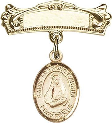 14kt Yellow Gold Baby Badge with St. Frances Cabrini Charm and Arched Polished Badge Pin 7/8 X 3/4 inches