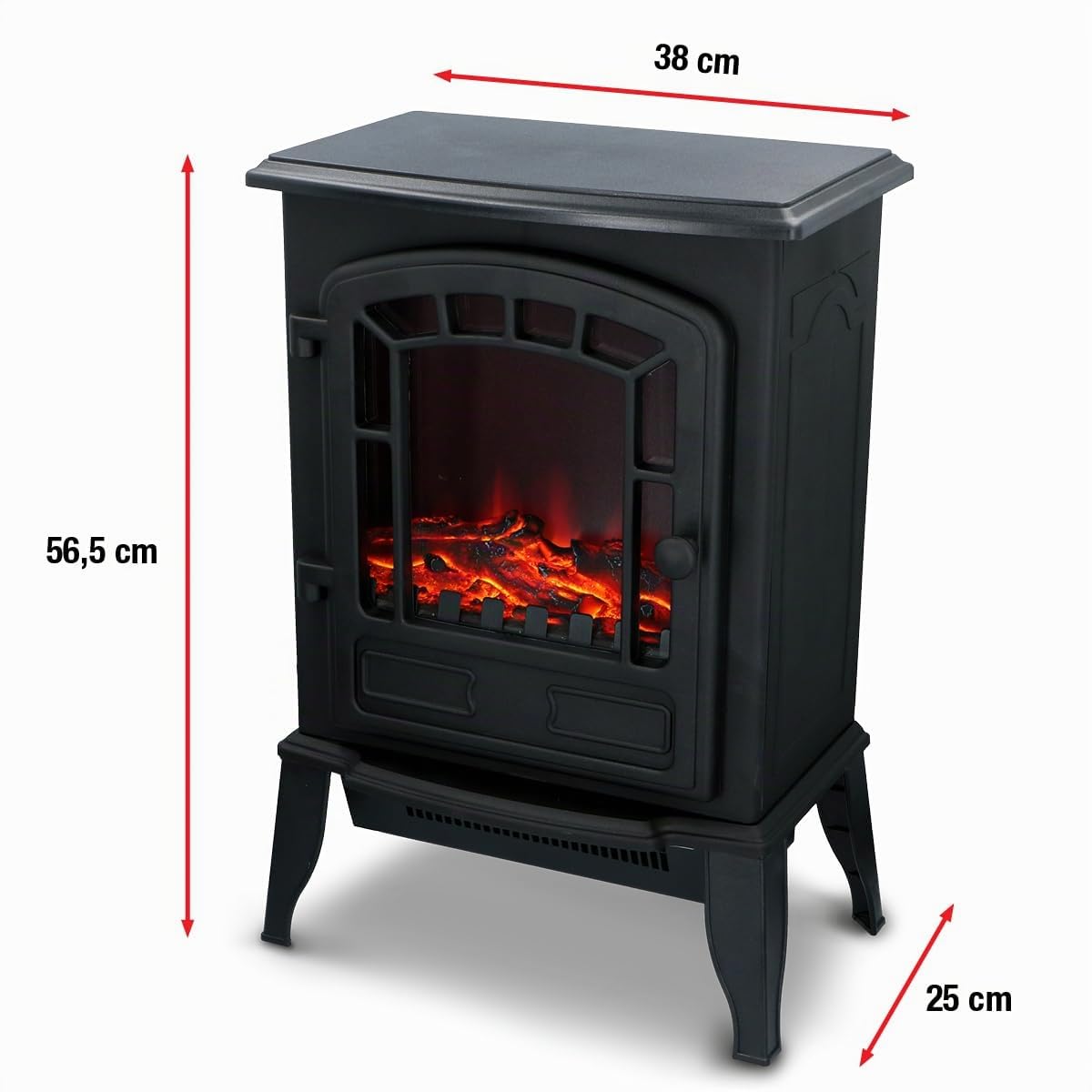 Torino Elektrokamin mit Heizung – Elektroheizung 2000W - Kaminofen mit Heizung, Schalttafel und Timer - Elektroherd mit LED-Flammen - Freistehend - Schwarz