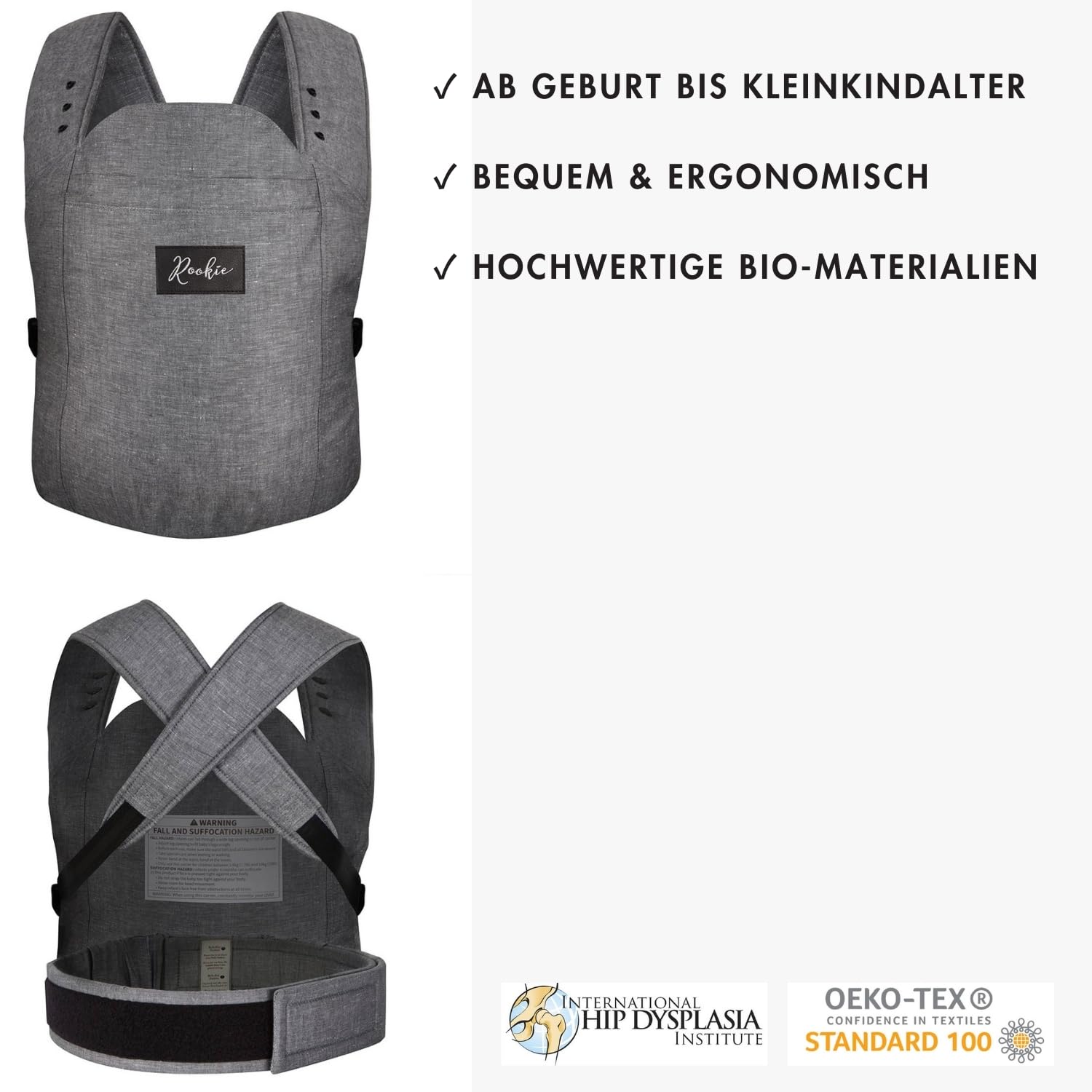 ROOKIE Babytrage Classic Dunkelgrau - Bio Baumwolle Bauchtrage für Neugeborene bis 15kg ergonomisch