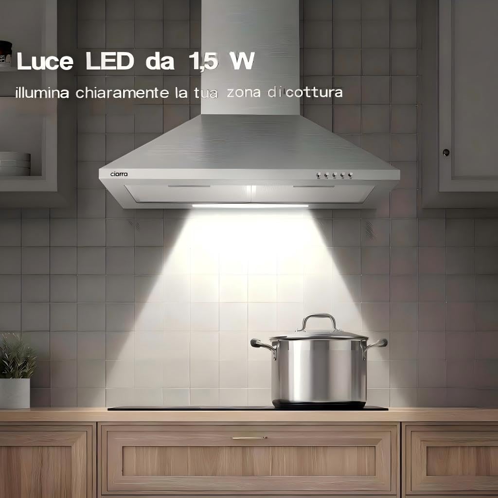 CIARRA Cappa Aspirante 60 cm Classe A 370 m³/h CAS6201A, Cappa Cucina Nero con 3 Velocità, Luce LED, Ricircolo e Scarico, Cappa a Parete Silenziosa Moderna per Cucina,Acciaio Inox