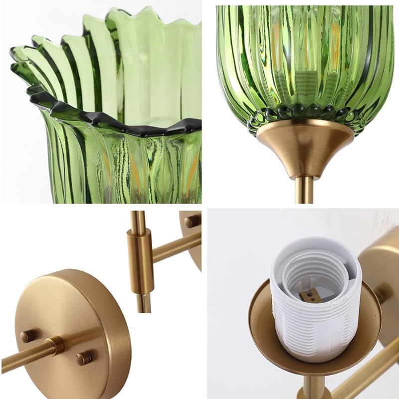 2 Lampade Applique da Parete Fiore Paralume in Vetro Verde Lampada da Parete Interna Ottone Dorato Illuminazione Da Parete per Bagno Soggiorno Camera Da Letto Cucina