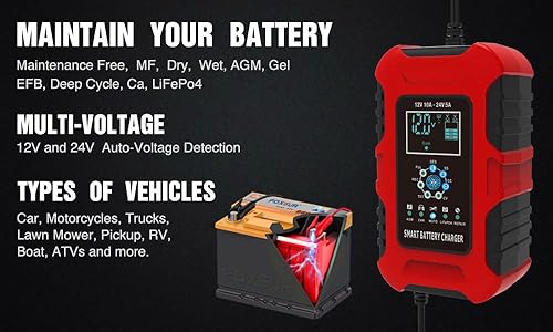 Miniatura 8 de Cargador de batería de coche de 7 etapas de 10 amperios para baterías húmedas/GEL/SLA/LiFePO4/plomo-ácido/AGM, cargador de batería inteligente de 12