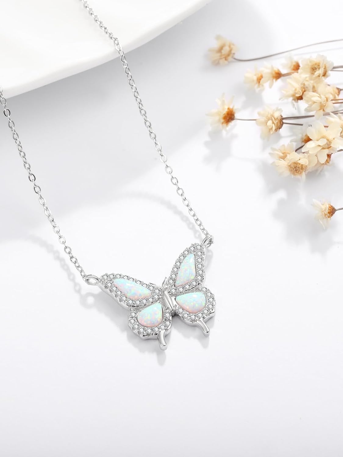 Butterfly Opal Necklace for Women 925 Sterling Silver Cubic Zirconia Butterflys Pendant Necklaces Valentines Day Anniversary Birthday Gifts for Mom Wife Her - Image 3