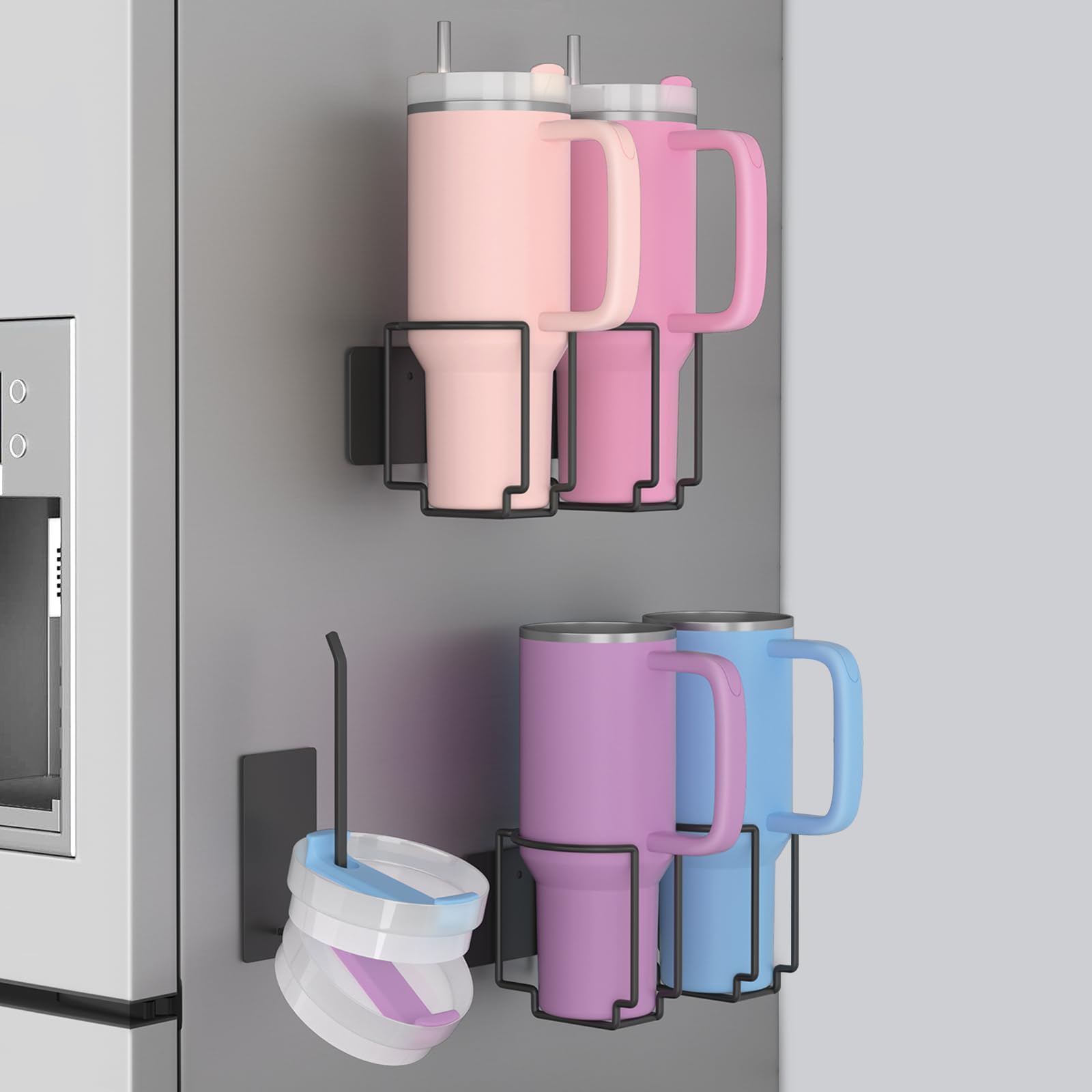 Terficer Magnetic Water Bottle Organizer for Stanley 40oz Tumbler with Handle, Magnetic Stanley Cup Holder Used on Refrigerator, Tumbler Lid Organizer