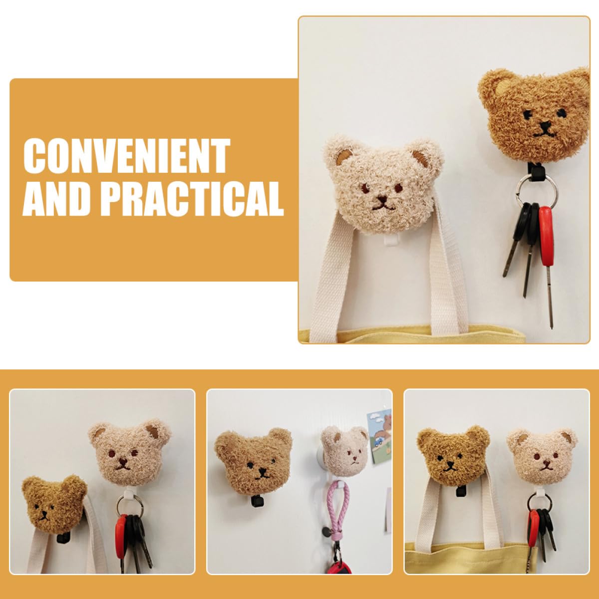 NUOBESTY Ganchos Adhesivos para Pared 2 Piezas Diseño Osito de Peluche de Felpa, para Llaves, Toallas y Paraguas, sin Taladro, Uso en Baño y Cocina, Colores Claro y Negro