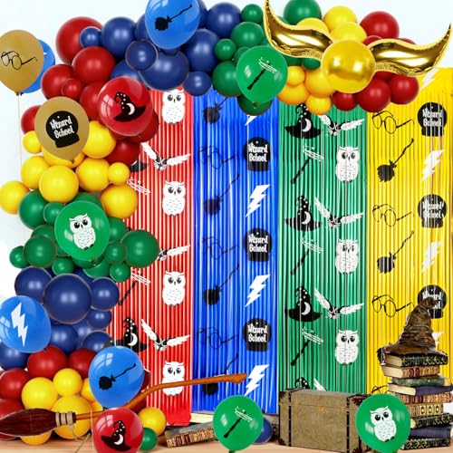 Magical Wizard School Birthday Party Decoration Supplies - 125 Pcs Magical Wizard School Balloon Garland Arch Kit and 2 pcs 33x66 FT Magical Wizard School Foil Fringe Curtain Backdrop