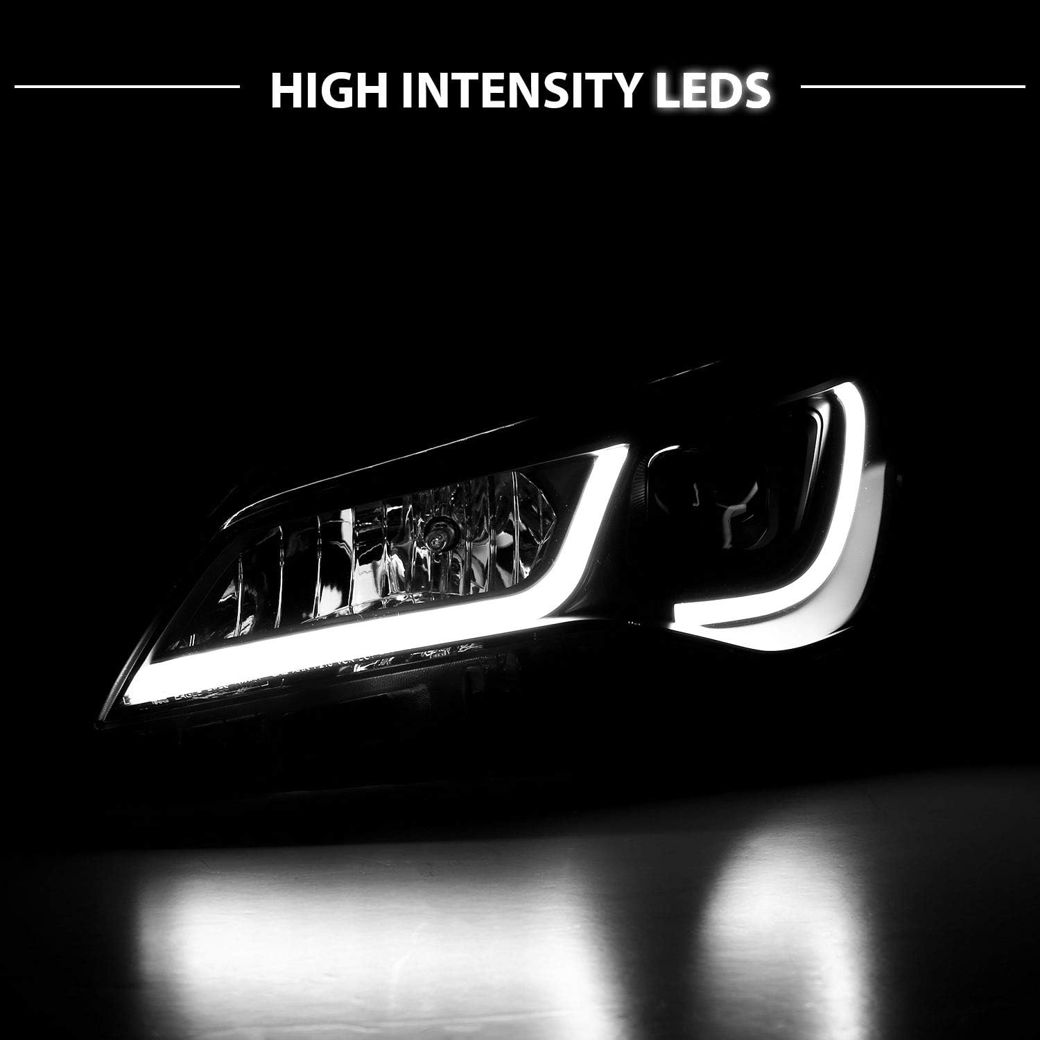 AmeriLite Glow LED Tube Projector Halogen Headlights Assembly Pair For 2015-2017 Toyota Camry Sedan - Passenger and Driver Side, Vehicle Light Assembly, Black