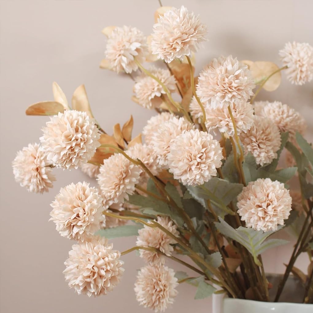 DelSol Artificial Flowers + Eucalyptus Faux Pompon Mum Flowers for Decorations Silk Faux Kiku Flowers for DIY Bouquet Table Centerpieces Mini Chrysanthemum Floral Arrangements (Beige)