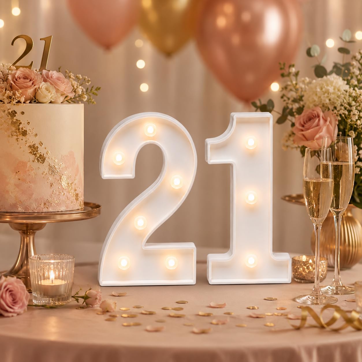 LED Light Up Numbers 21, Warm White Marquee Number Lights for 21st Birthday Decorations, 20 cm/8 inch Battery Operated Number 21 Lights for Tabletop or Wall Display