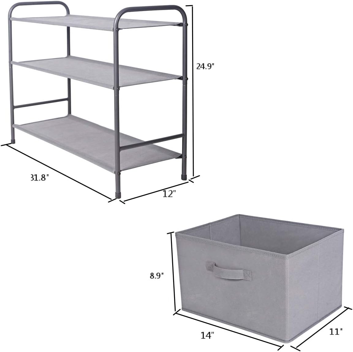 MAX Houser 3-Tier Fabric Closet Storage with 2 Drawers, Closet Shelf Organizer with Bins for Home Storage (Grey)