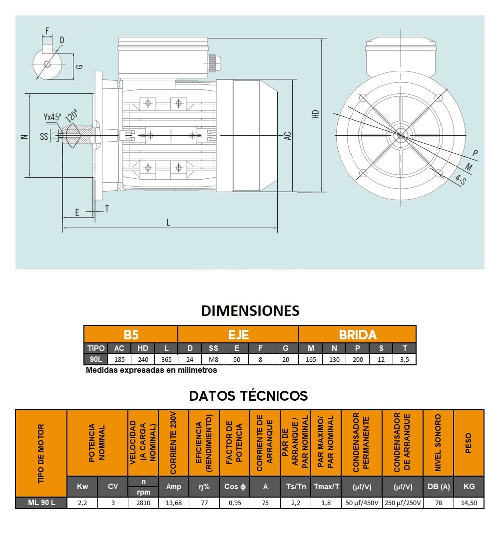 MOTOR ELECTRICO CEMER MONOFASICO 3000 RPM 230V 2,2KW / 3CV TAMAÑO 90L Ø DEL EJE 24mm BRIDA B5 200 mm ALTO PAR DE ARRANQUE