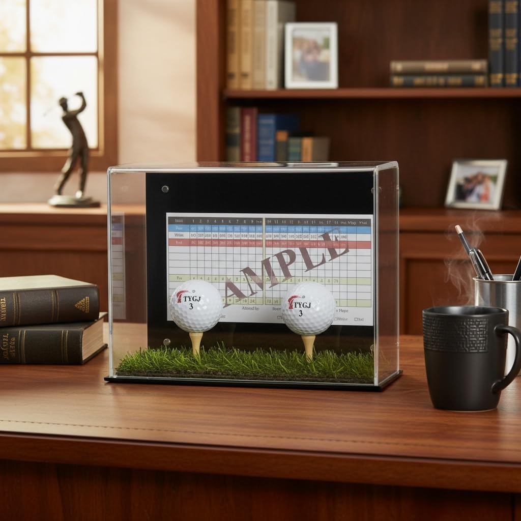 Golf Ball Display Case Stand with Turf Base, for balls from Hole-in-One or Best Score Games with backing to hold the scorecard
