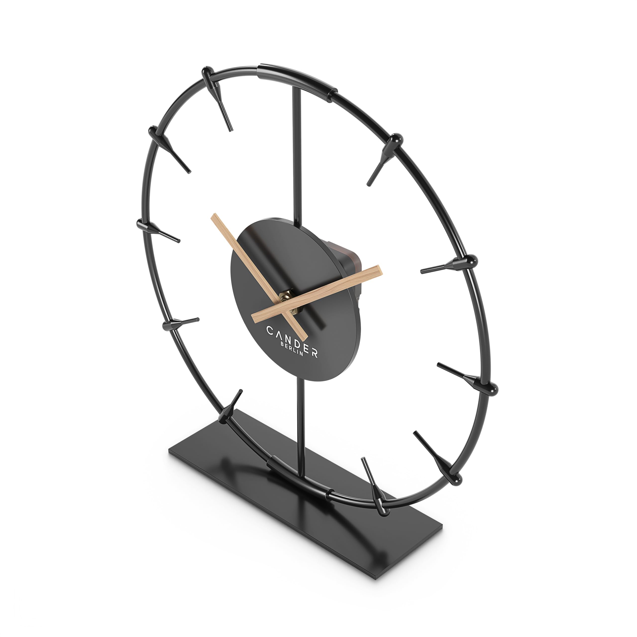 Cander Berlin Ilmera Reloj de mesa silencioso de 22 cm, metal, manecillas de madera, sin ruido de tictac, moderno, negro, salón, cocina, vintage