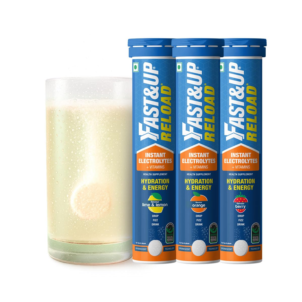 Fast&Up Reload (15 Litres) Low Sugar energy drink for Instant Hydration- 60 Effervescent Tablets with Added Vitamins - Certified Electrolytes Drink- Lime and Lemon, Orange, Berry flavour