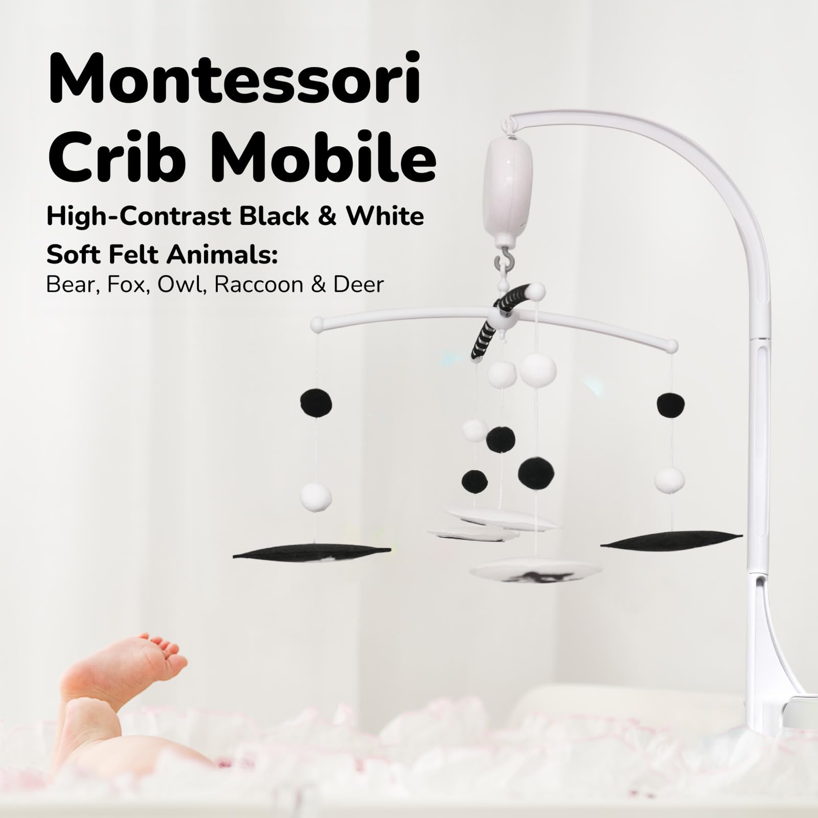 Montessori Mobile, Black and White Mobile for Baby with Music Box - Woodland Baby Crib Mobile for Boys Girls, High Contrast Baby Mobile for Crib with Bear, Deer, Fox, Owl & Raccoon
