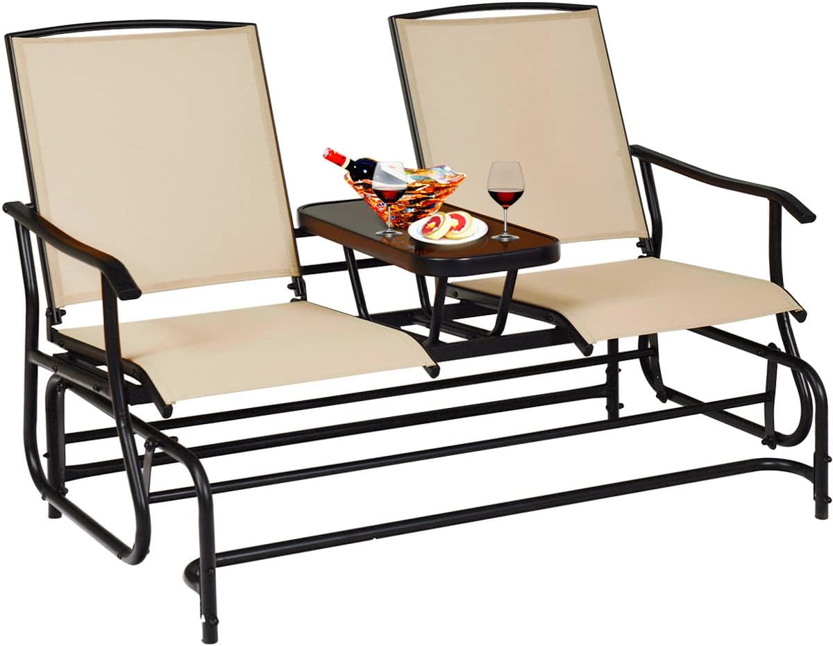 Giantex Patio Bench Glider Chair with Metal Frame, Center Tempered Glass Table, Outside Double Rocking Swing Loveseat for Porch, Garden, Poolside, Balcony, Lawn Rocker Outdoor Glider Bench(Beige)