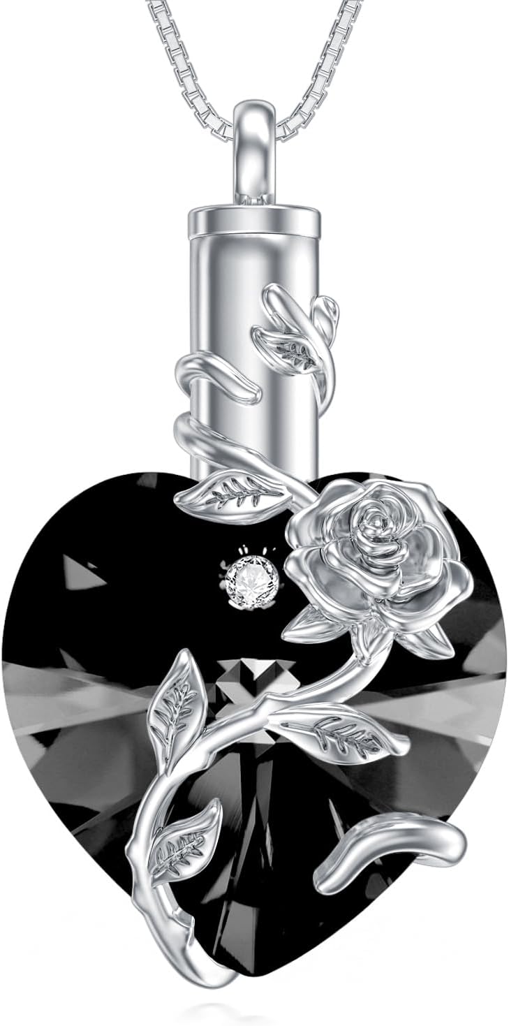 OCJ Heart Rose Flower Urn Necklace for Ashes Women Birthstone Cremation Necklaces Sterling Silver Memorial Cremation Jewelry Gifts