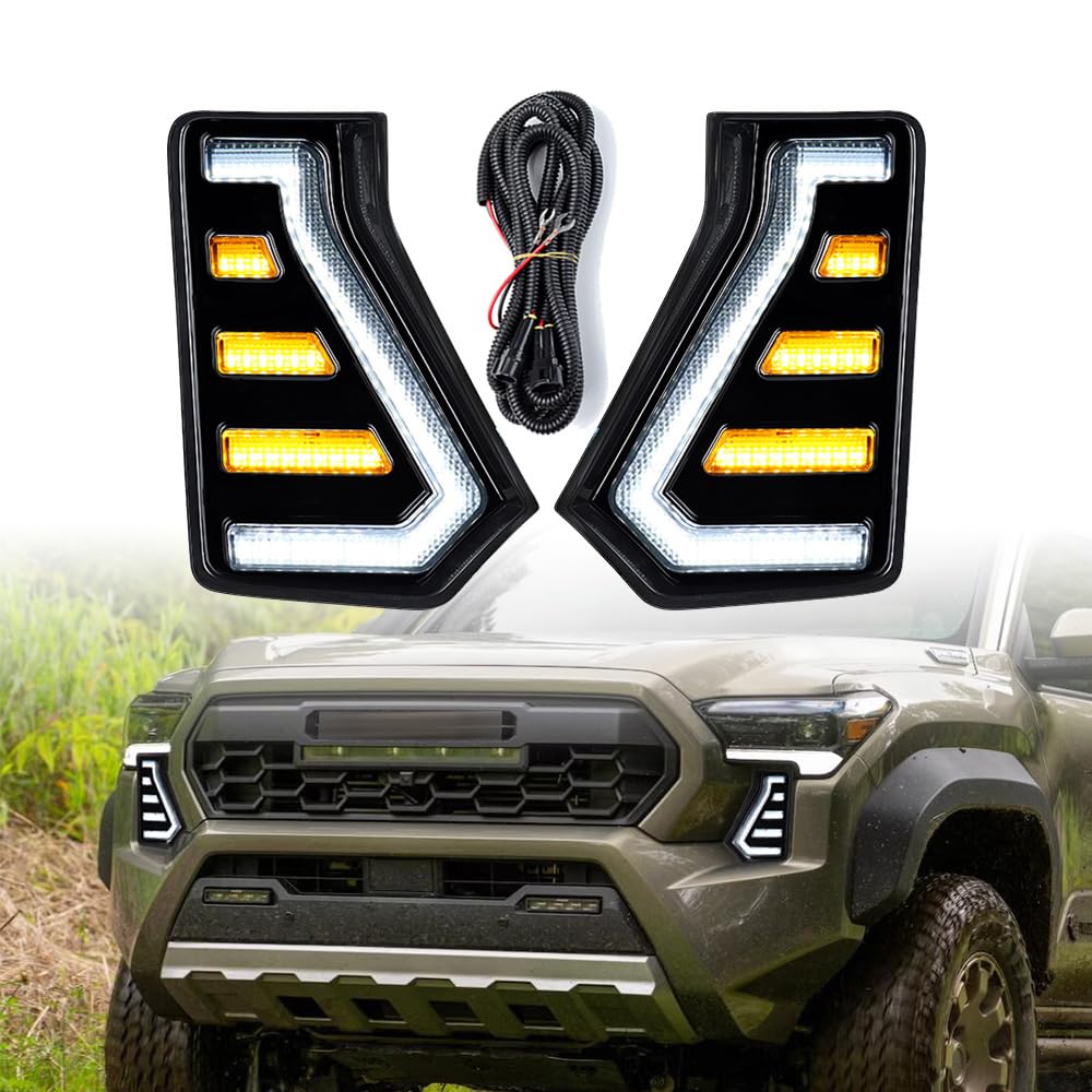 Left Right Front Bumper LED DRL Sequential Flash Turn Signal Lamps Daytime Running Lights Compatible for 2024-2025 Toyota Tacoma SR5 SR TRD Pro Off-Road Sport Extended Crew Cab Pickup