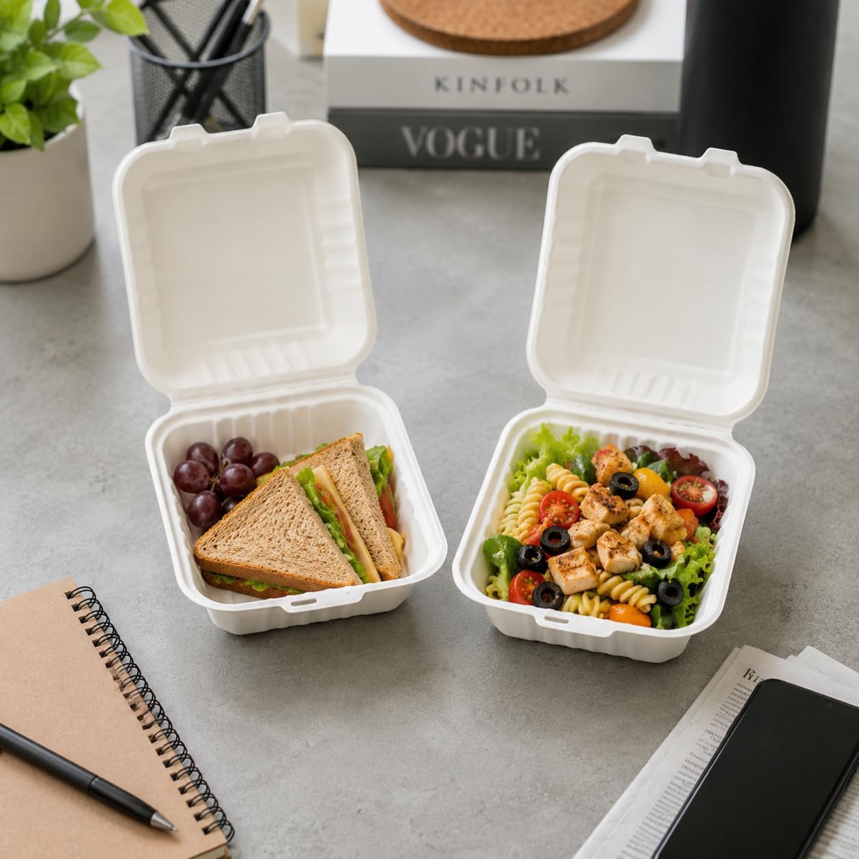 Urban Box Co. 6x6 '' Compostable Clamshell Containers, 100 Pack, Heavy-Duty Biodegradable To-Go Boxes, Made from Eco-Friendly Sugarcane Bagasse, Durable & Disposable Takeout Containers for Food