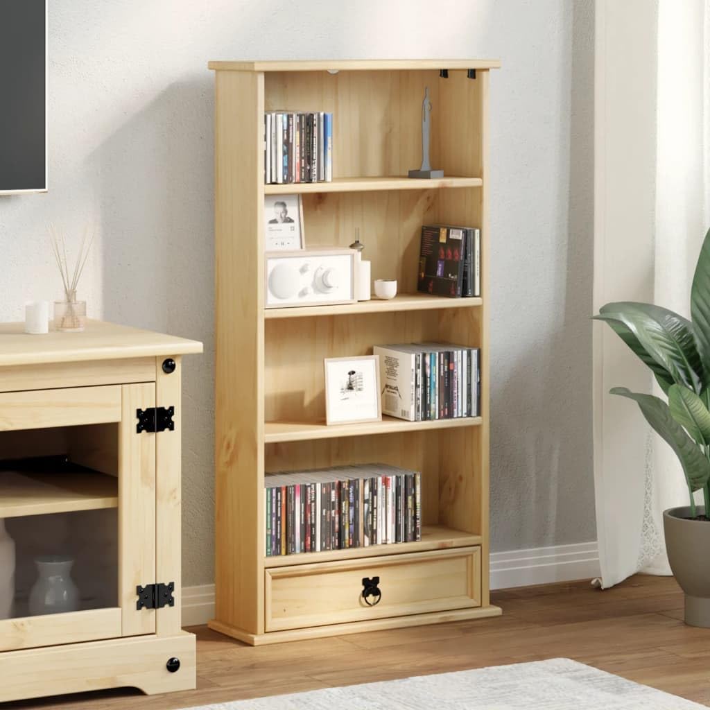 Fengshui Scaffale per CD in legno massello di pino, 52 x 17,5 x 103 cm, con cassetto e scomparti aperti, versatile, utilizzabile come scaffale o armadietto portaoggetti, con maniglia in metallo e