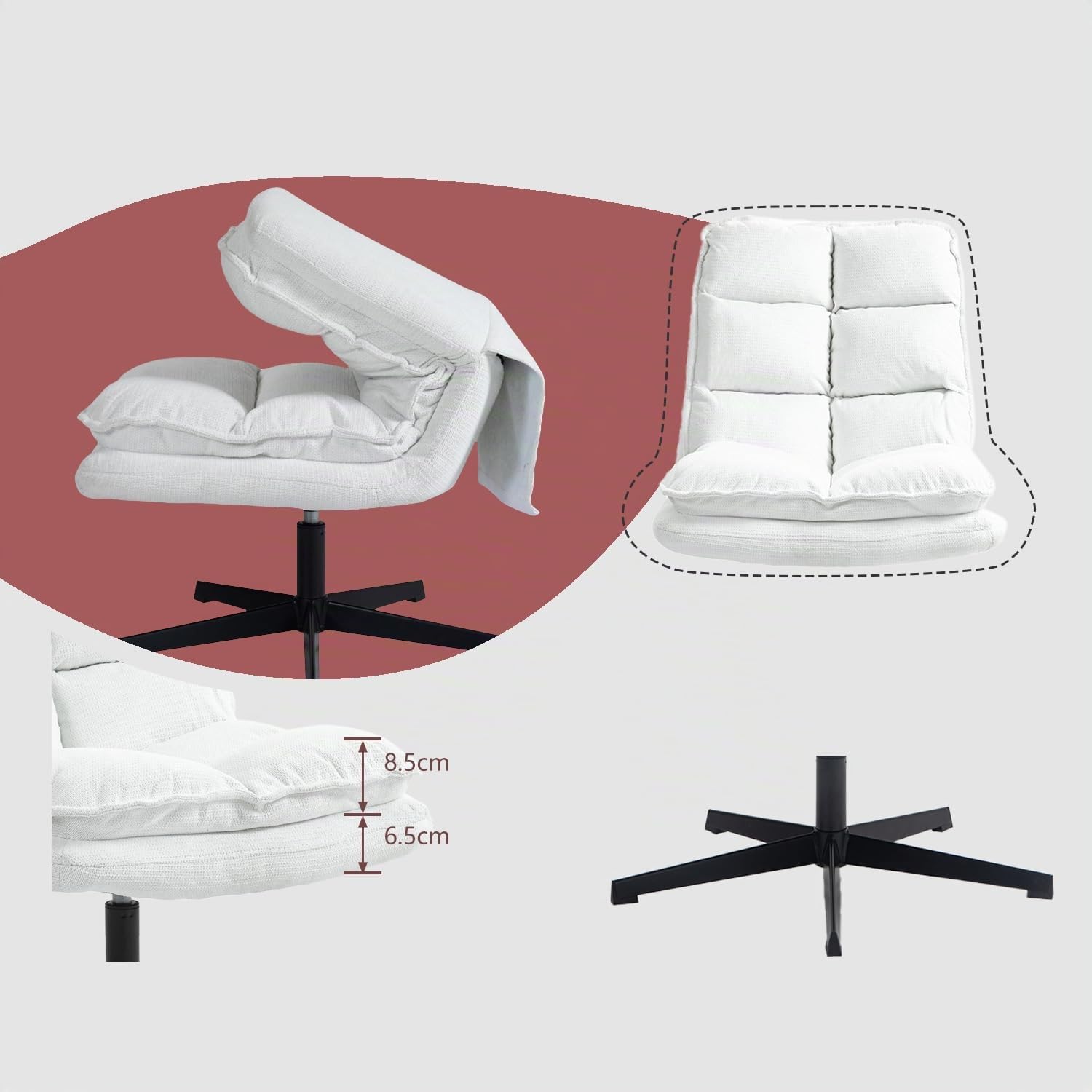 MEUBLE COSY Poltrona Imbottita Girevole a 360° Sedia da Salotto con Braccioli Poltroncina Relax con Schienale Pieghevole per Camera da Letto Soggiorno, Bianco, 65x79.5x85cm