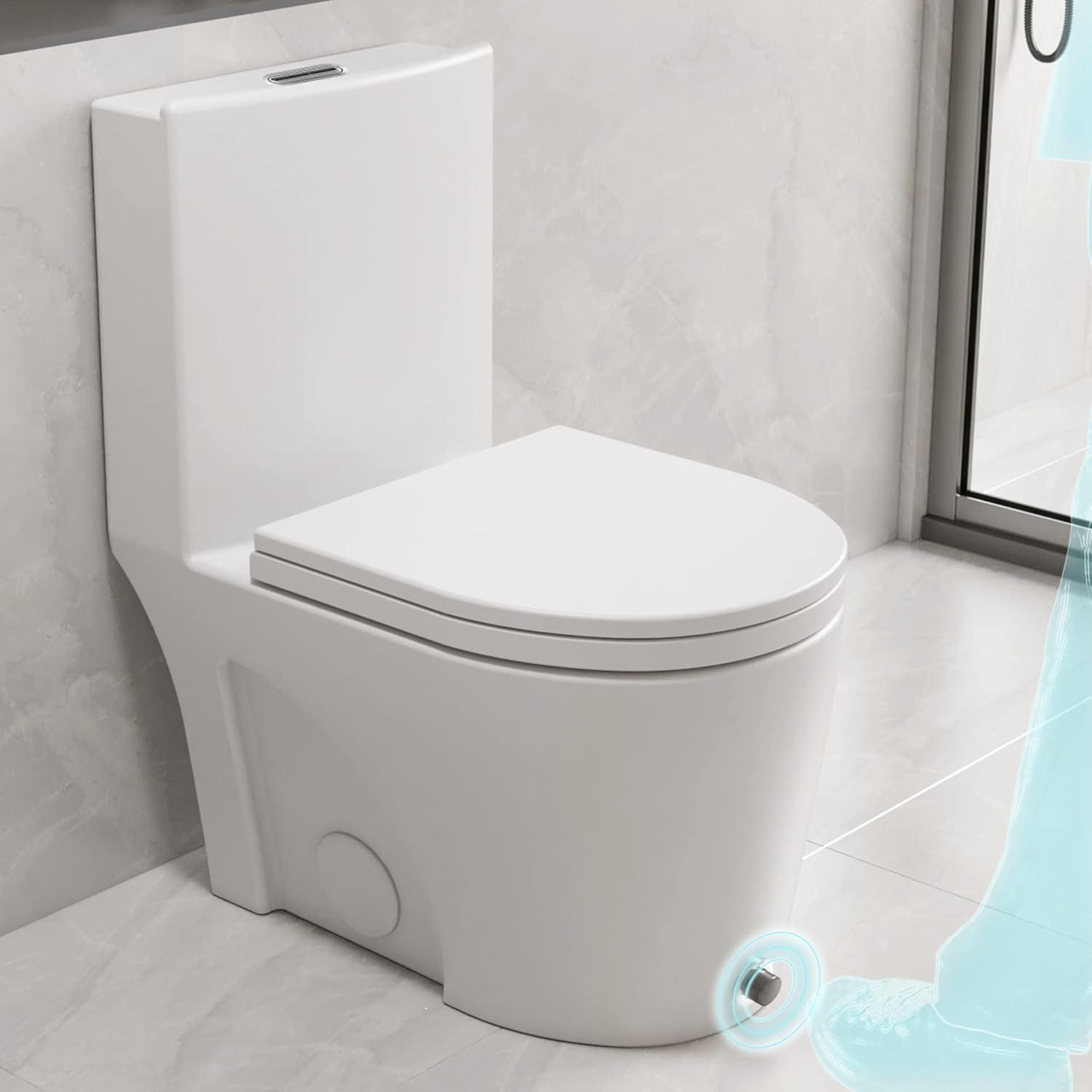 HNON Glazed surface Kick to Flush One Piece Toilet with Dual Flush & Soft Closing Seat 360°whirlpool flushing Glossy White - - 