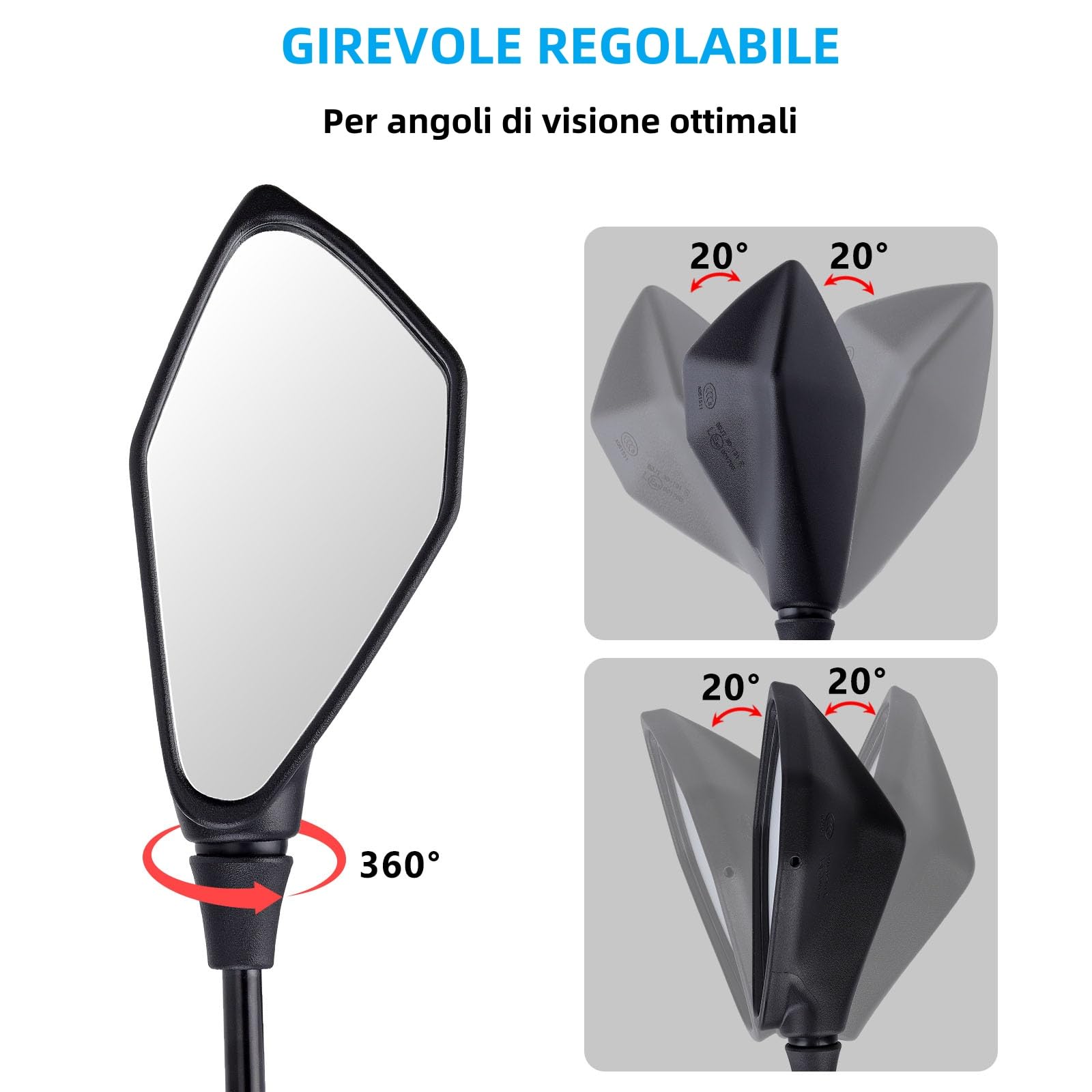 2 Pezzi Specchietti Moto E57 Omologati, Specchietti Moto Manubrio, Specchietto Retrovisore M10 Regolabili per ATV, Scooter, Cruiser, Moped, Quad, Roller
