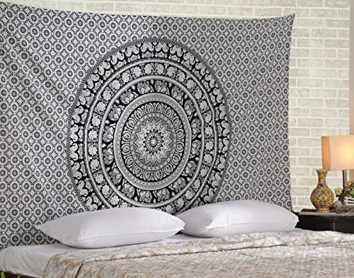RAJRANG Boho Small Mandala Tapestry 60x50 Inches Black and White Aesthetic Elephant Tapestries Hippie Bohemian Cotton Wall Hanging Decor