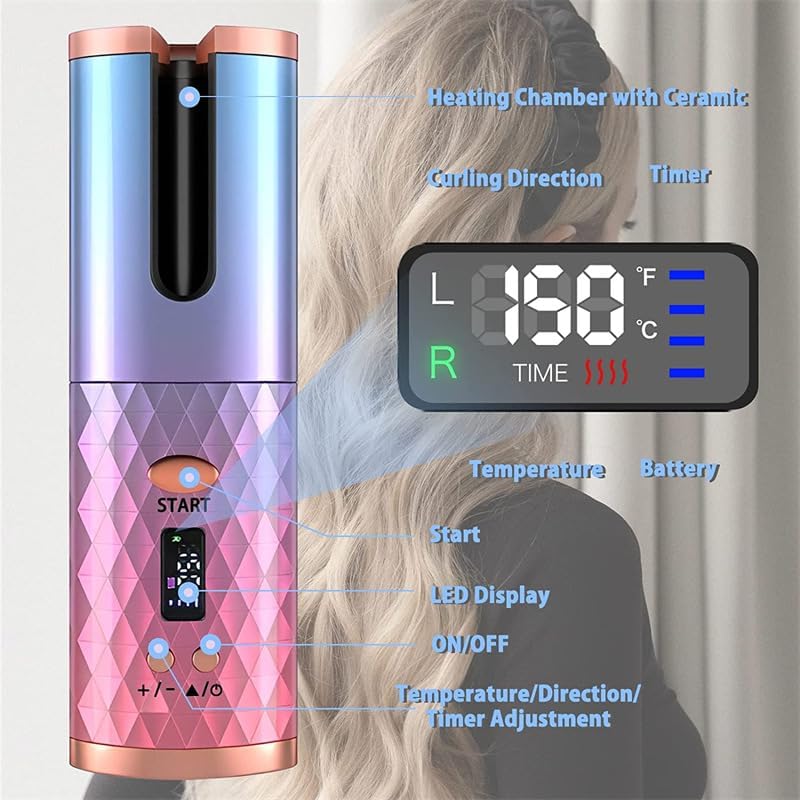 Miniatura 3 de Rizador de pelo automático, inalámbrico y portátil, rizador automático recargable con múltiples ajustes de temperatura y pantalla LCD, herramienta
