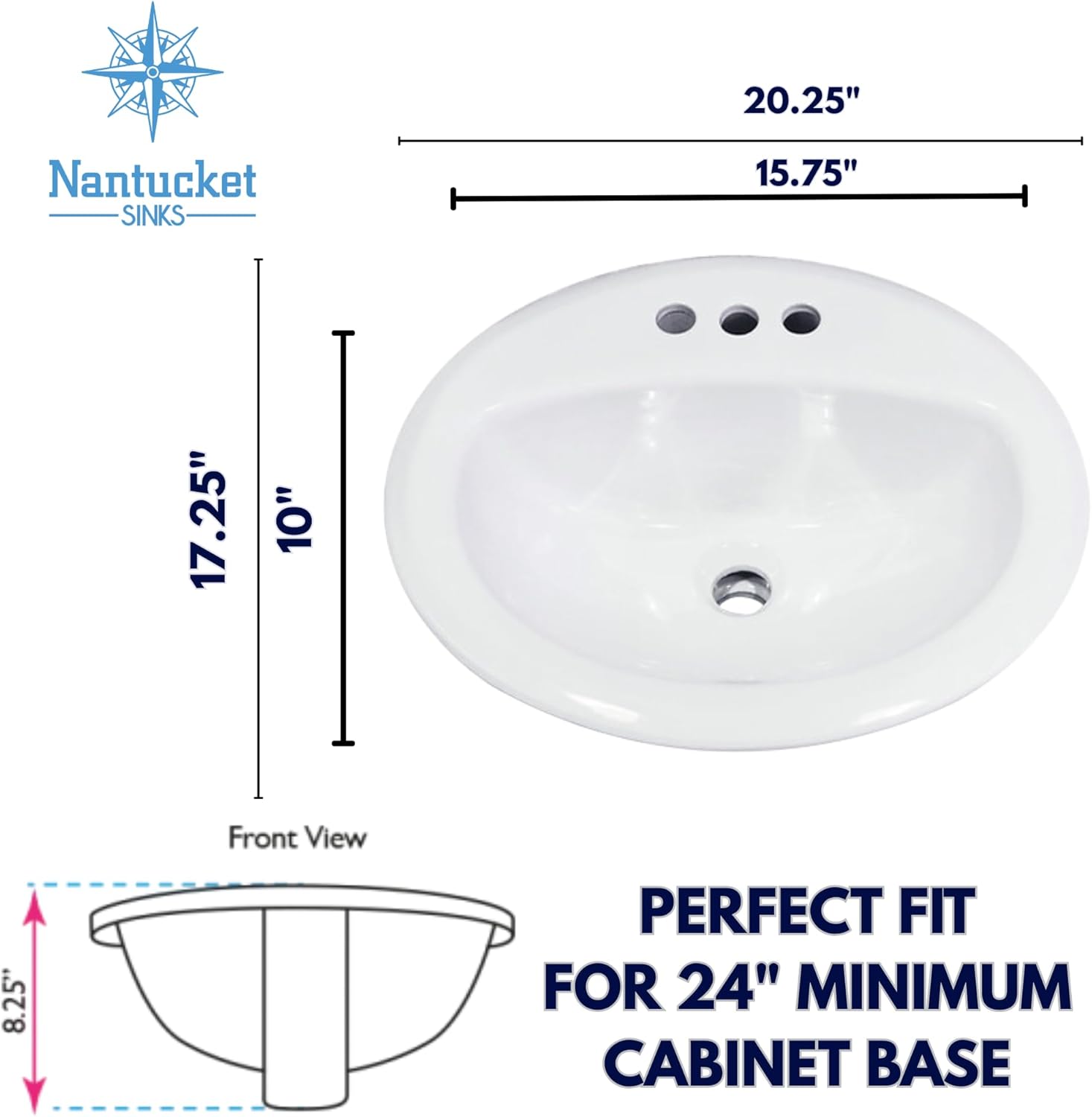 Nantucket Sinks DI2017-4 Drop In Bathroom Sink – 20.25" Top Mount Bath Vanity Sink, White, Oval Bowl, 3 4" Faucet Holes, High-Gloss Vitreous China, Scratch & Stain Resistant – Great Point Collection