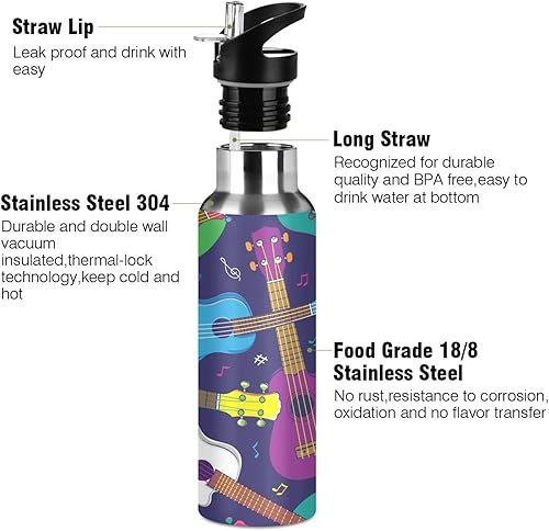 Miniatura 3 de Botella de agua colorida hawaiana con ukelele para niños, termo aislado para niños y niñas, tapa de popote de acero inoxidable, 20 onzas, botella de