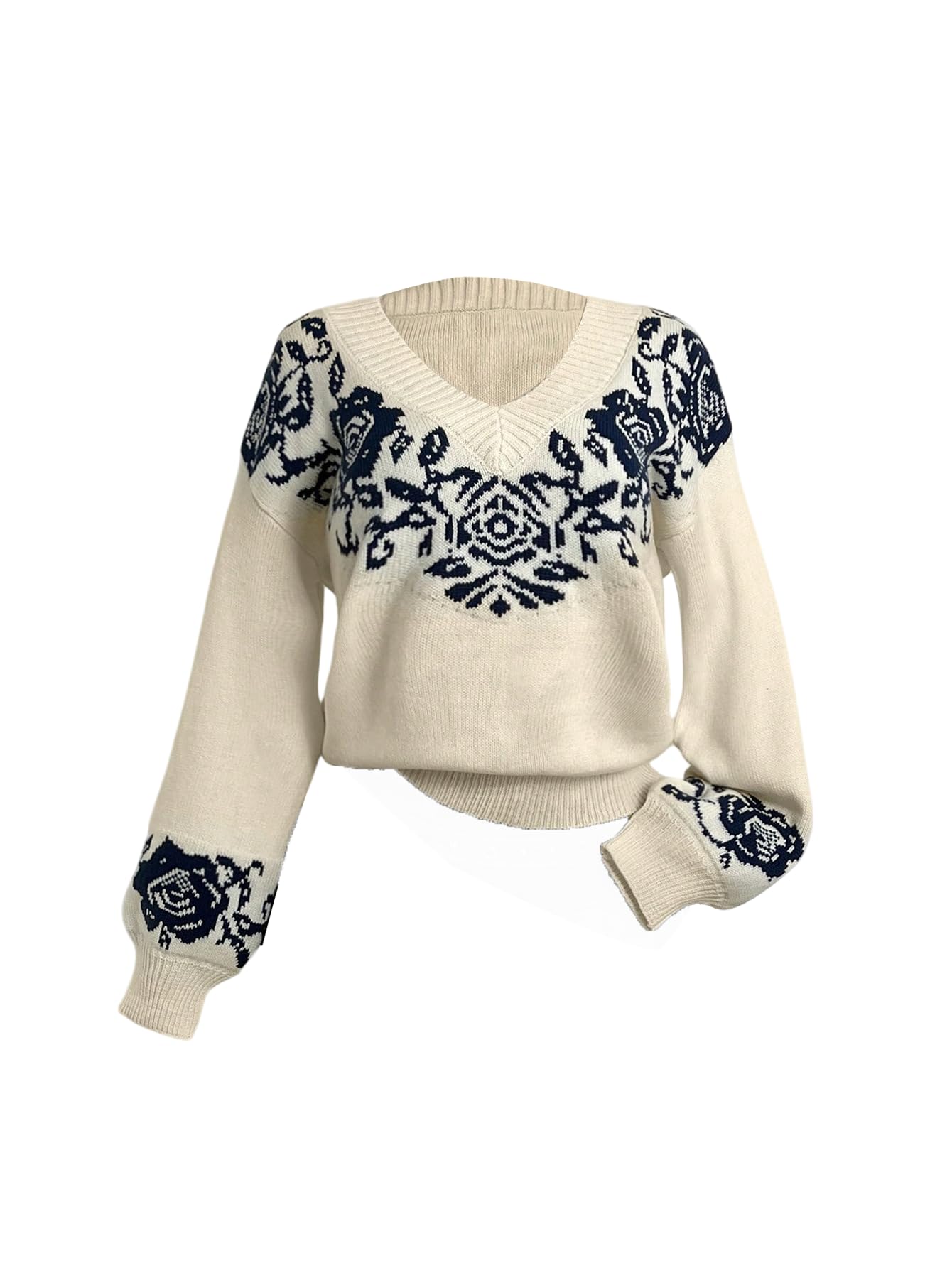 Womens Floral Pullover Sweaters Long Sleeve V Neck Knit Jumper Retro Fall Outfits
