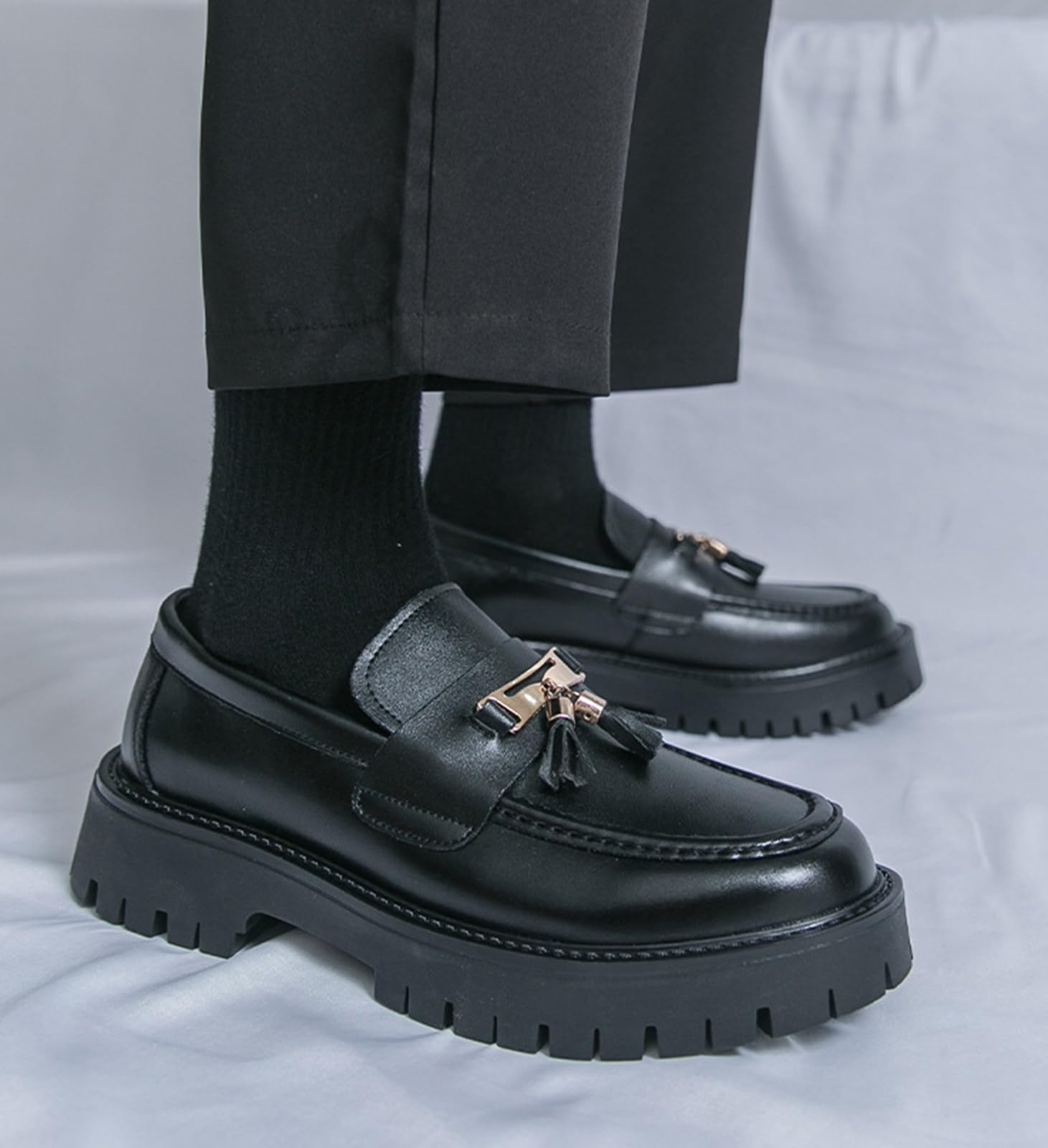 Mocasines Hombre Piel PU con Borlas Zapatos Vestir Casual Suela Gruesa
