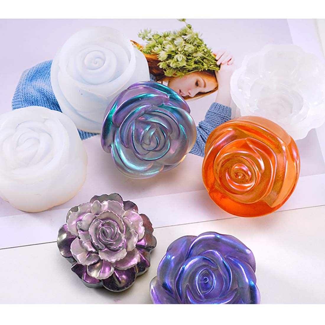 FineInno 3D Rose Flower Silicone Molds for Epoxy Resin,Floral Crystal Molds  with Stems Bouquets Branch Casting Mould for Fondant Chocolate Candy Soap