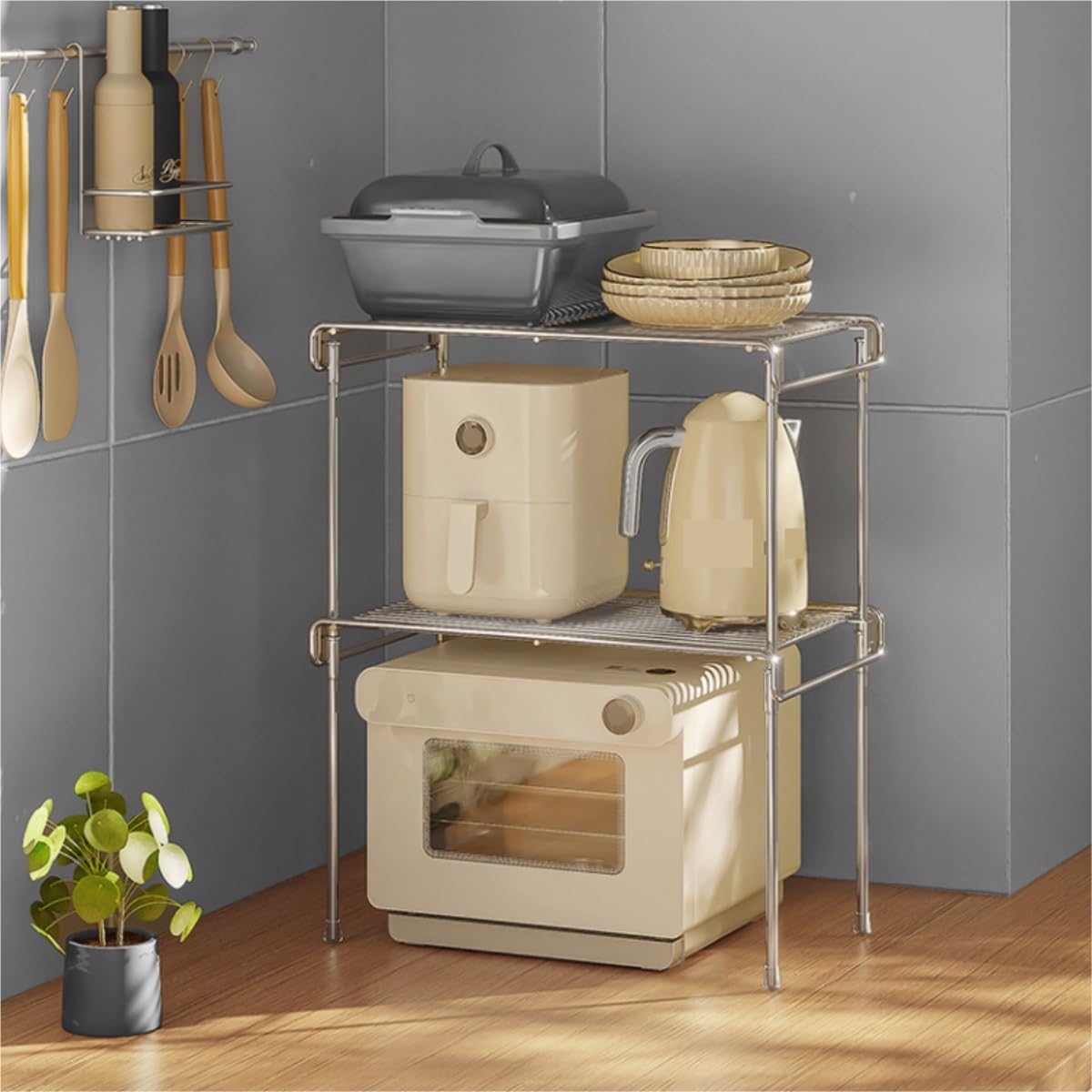 Küchen Organizer Microwave Holder Edelstahlregal for Den Haushalt, Stapelbar, Arbeitsplatte, Schrank, Geschichtetes Geschirr, Gewürze, Multifunktionales Lagerregal Mikrowellenregal(18.8cm)