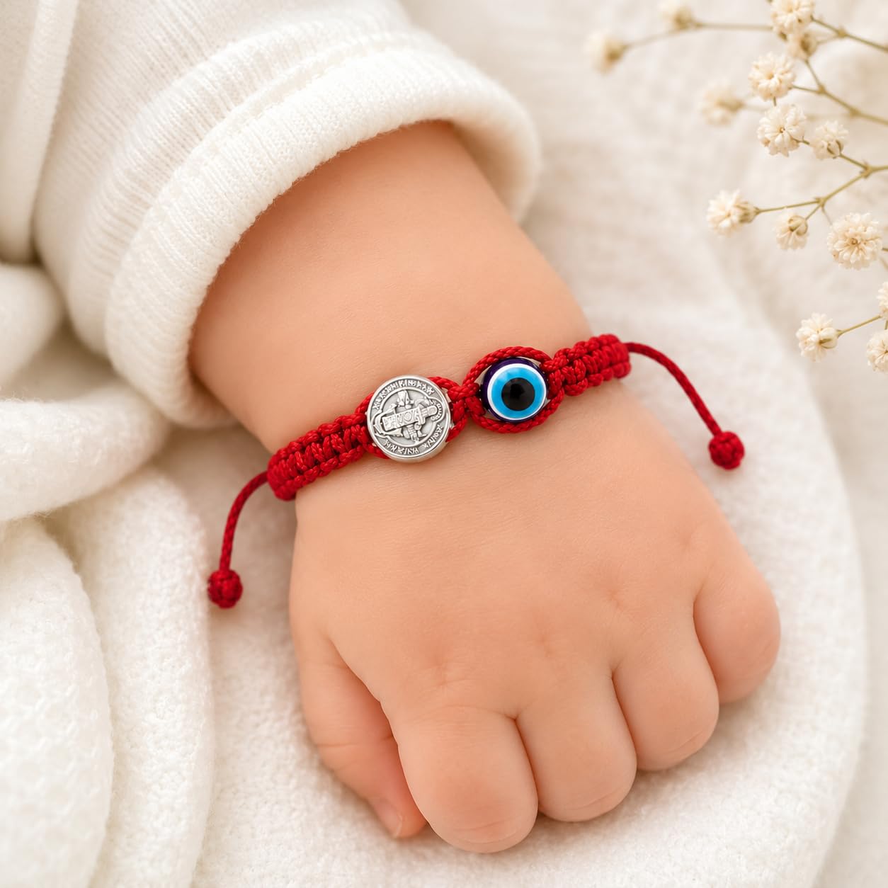 Liamlove Baby Armband, rotes Schnurarmband mit Heiligem Benedikt und bösen Blick für das neue Familienmitglied, St. Benedikt und Evil Eye Armband